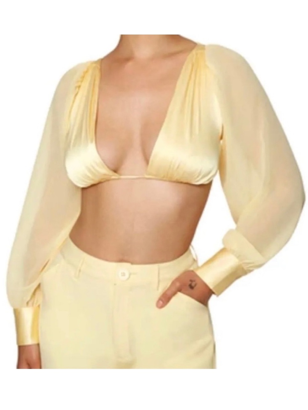 Danielle Bernstein Yellow Puff Sleeve Tie Back Buttermilk Crop Top Size L NWT!